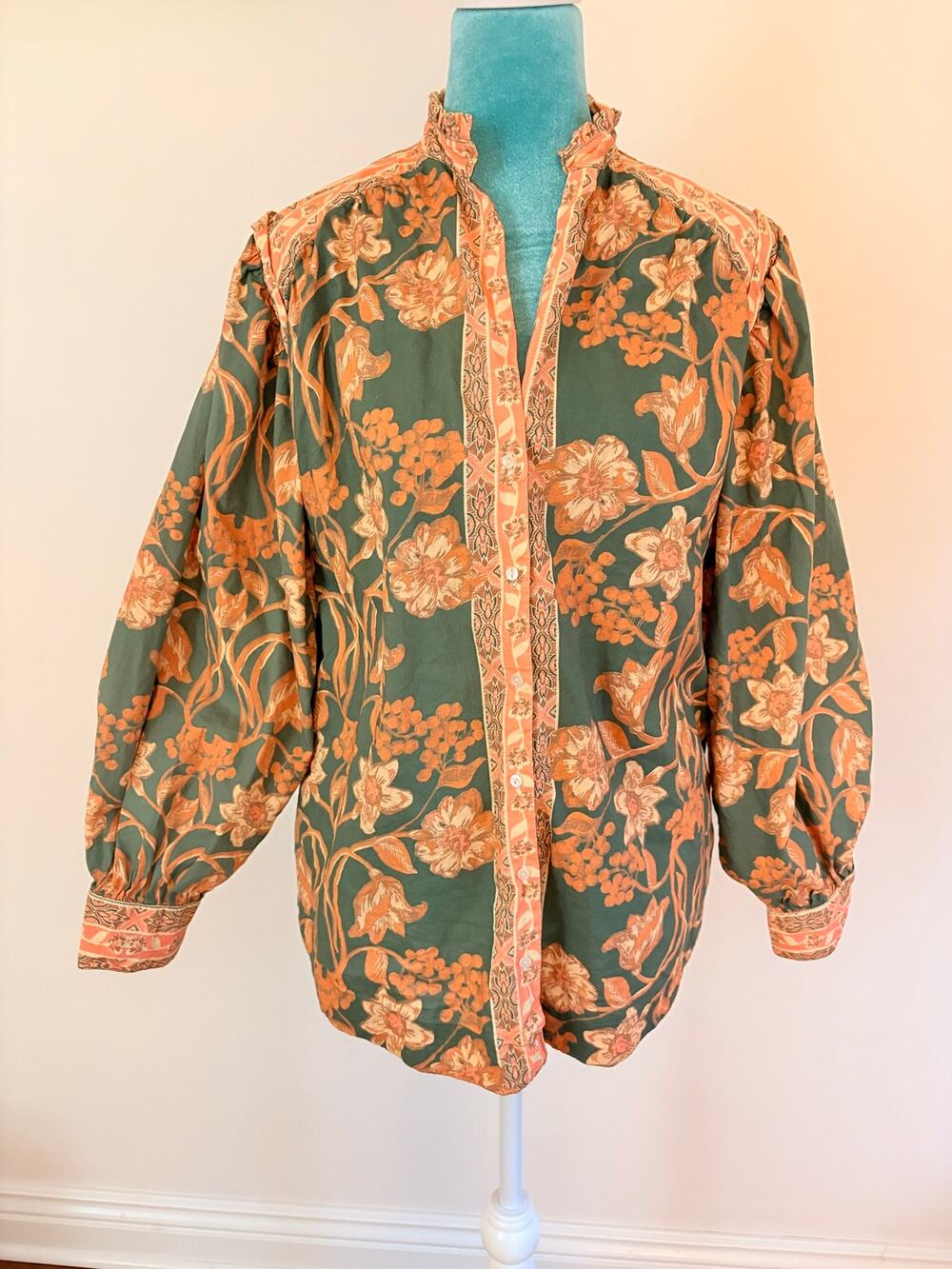 Cottagecore Floral Puff Sleeve Blouse Orange Ruffle Collar Boho Free People xs